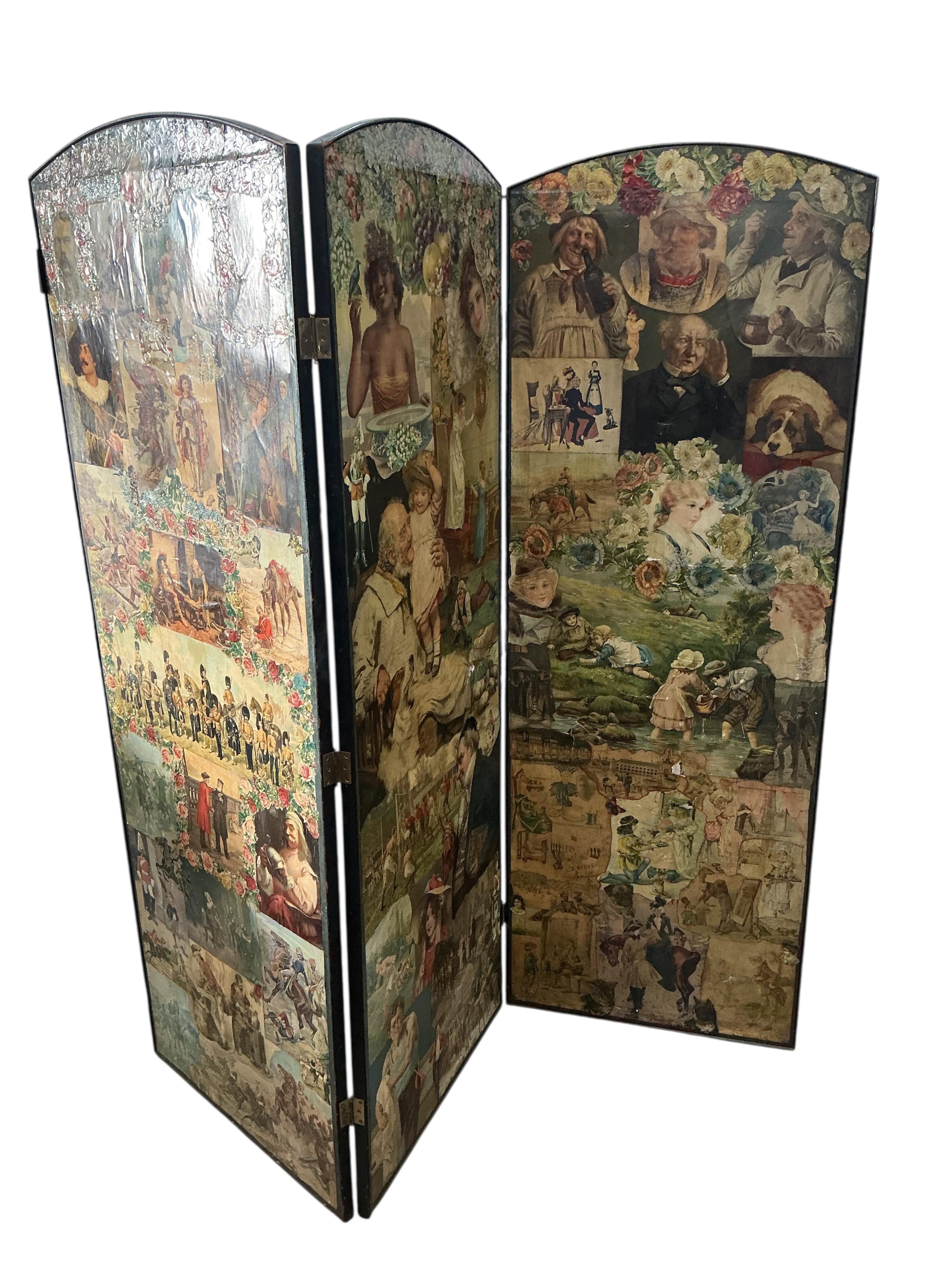A Victorian three fold scrap work screen, each panel width 62cm, height 176cm